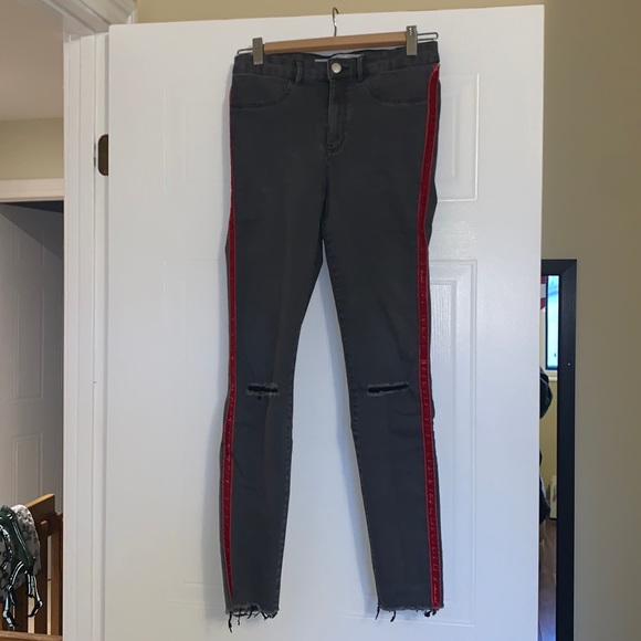 Zara Grey Skinny Jeans with Red Stripes on the Leg - Picture 1 of 5